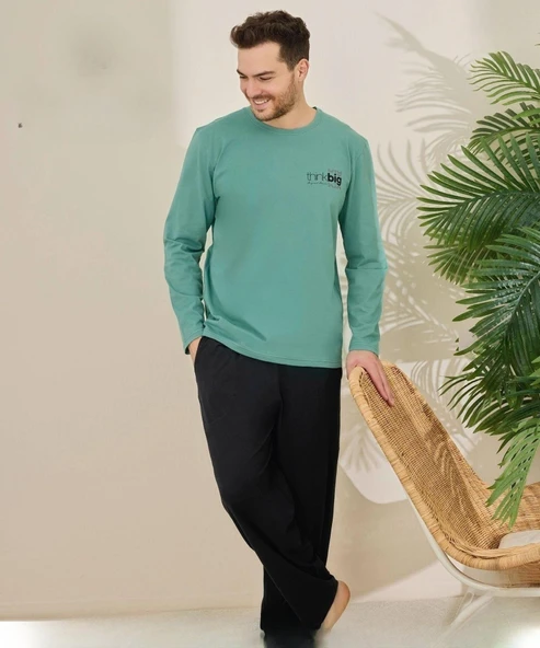 Pijamoni Erkek Pamuklu Bisiklet Yaka Uzun Kol İnce Pijama Takımı 6150/5 - 1 Adet  L Su Yeşil ürün görseli 1