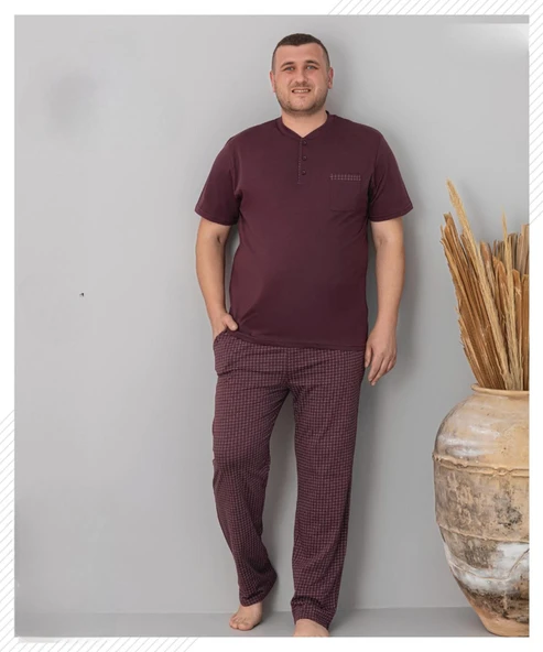 Pijamoni Erkek Battal Düğme Yaka Penye Kısa Kol  Pijama Takımı 6730/2 - 1 Adet  4XL Mürdüm ürün görseli 1