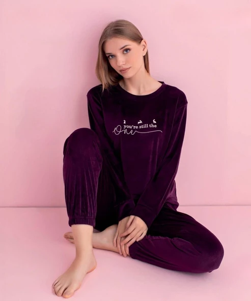 Pijamerry Kadın Kışlık Bisiklet Yaka Kadife Pijama Takımı 3040M - 1 Adet  L Mor ürün görseli 1