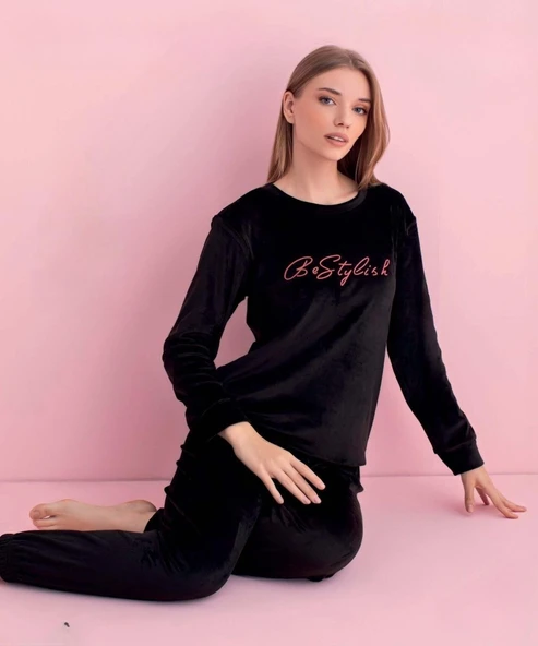 Pijamerry Kadın Kışlık Bisiklet Yaka Kadife Pijama Takımı 3051S - 1 Adet  Siyah L ürün görseli 1