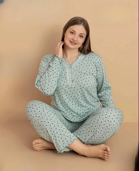 Pijamerry Kadın Büyük Beden Dantel Yaka Bambu Uzun Kol İnce Pijama Takımı 5670 - 1 Adet  Yeşil 2XL ürün görseli 1