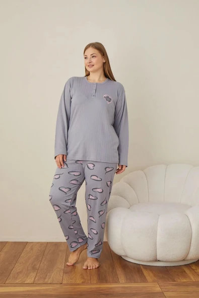 Lindros Kadın Pamuklu Düğme Yaka Raporlu İnterlok Battal Pijama Takımı 05102 - 1 Adet  Gri 2XL ürün görseli 1
