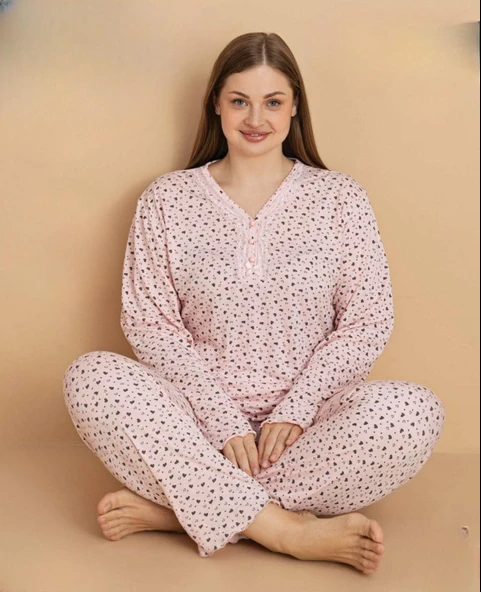 Pijamerry Kadın Büyük Beden Dantel Yaka Bambu Uzun Kol İnce Pijama Takımı 5674 - 1 Adet  2XL Pudra ürün görseli 1