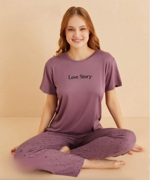 Mihra Kadın Bisiklet Yaka MİLAN Likralı Kısa Kol Pijama Takımı 50107L - 1 Adet  XL Lila ürün görseli 1
