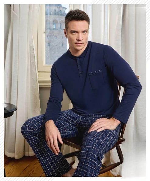 Pijamoni Erkek Düğme Yaka Uzun Kol Mevsimlik Pijama Takımı 6800/12 - 1 Adet  L Lacivert ürün görseli 1