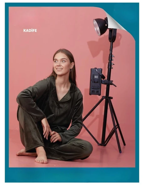 Sude Kadın Kışlık Gömlek Yaka Kadife Pijama Takımı P301/279- 1 Adet  XL Haki ürün görseli 1
