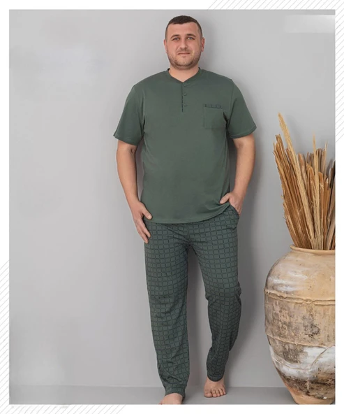 Pijamoni Erkek Battal Düğme Yaka Penye Kısa Kol  Pijama Takımı 6730/5 - 1 Adet  Yeşil 3XL ürün görseli 1