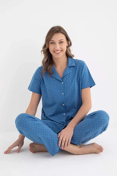 Senfoni Kadın Gömlek Yaka Kısa Kol Pamuklu Pijama Takımı 6011 -1 Adet  XL Mavi ürün görseli 1
