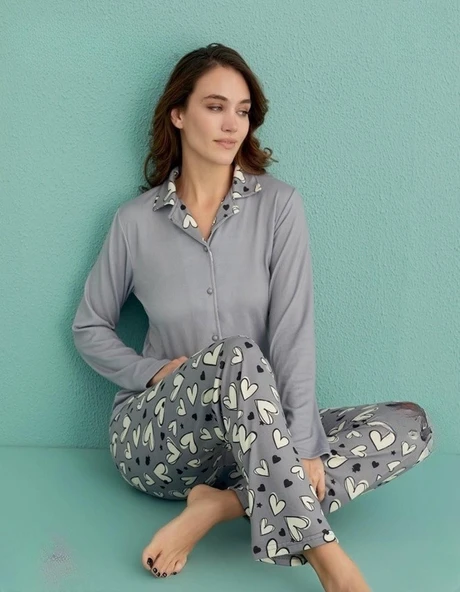 Mihra Kadın Gömlek Yaka TERMAL Pijama Takımı 14300/8 - 1 Adet  Gri 2XL ürün görseli 1