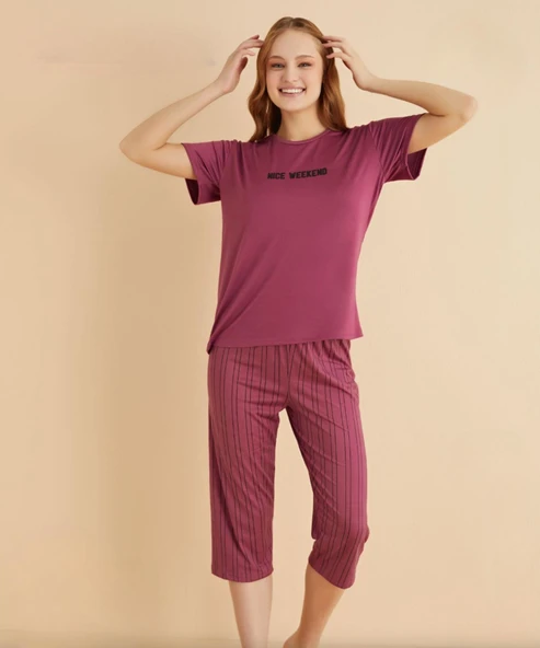 Mihra Kadın Bisiklet Yaka MİLAN Likralı KAPRİ Kısa Kol Pijama Takımı 50108M - 1 Adet  2XL Mürdüm ürün görseli 1