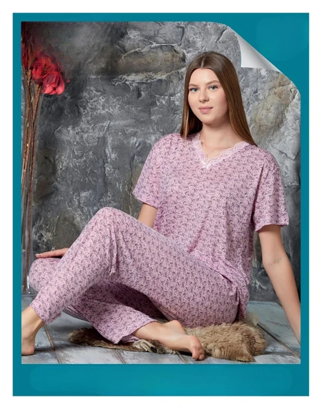 Sude Kadın Bambu Yakası Nakışlı V Yaka Kısa Kol Pijama Takımı P300/523 - 1 Adet  M Pembe ürün görseli 1