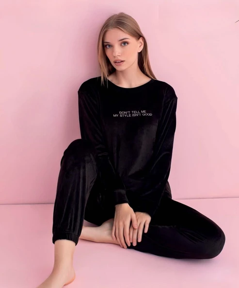 Pijamerry Kadın Kışlık Bisiklet Yaka Kadife Pijama Takımı 3050S - 1 Adet  Siyah 2XL ürün görseli 1