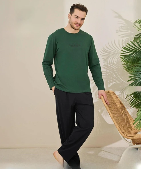Pijamoni Erkek Pamuklu Bisiklet Yaka Uzun Kol İnce Pijama Takımı 6150/14 - 1 Adet  L Yeşil ürün görseli 1