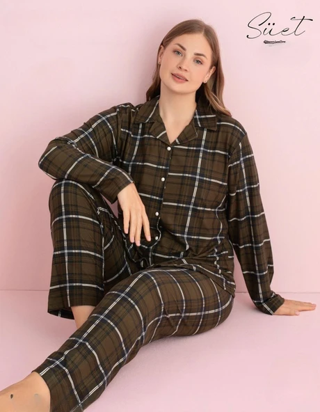 Pijamerry Kadın Büyük Beden Gömlek Yaka Süet Uzun Kol Pijama Takımı 5272- 1 Adet  Haki 3XL ürün görseli 1