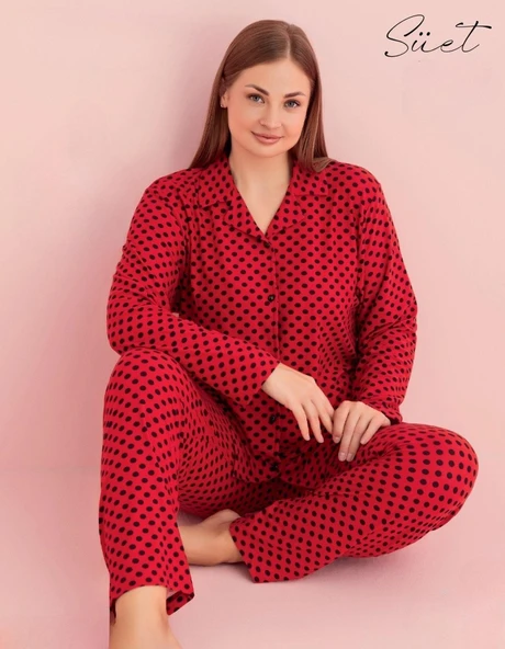 Pijamerry Kadın Büyük Beden Gömlek Yaka Süet Uzun Kol Pijama Takımı 5267- 1 Adet  Kırmızı 3XL ürün görseli 1