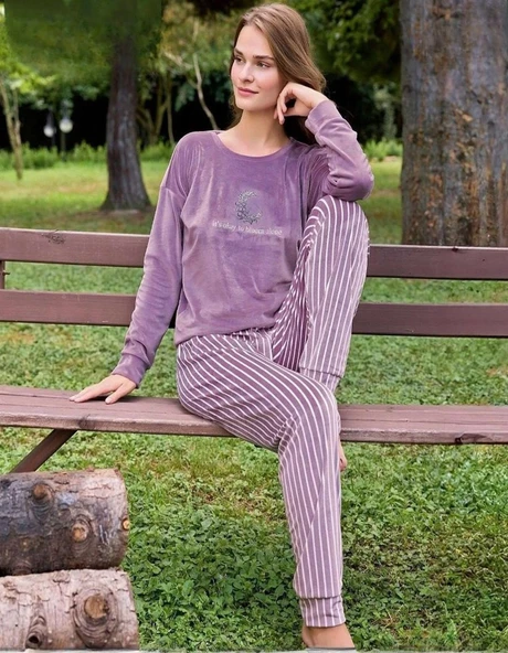 Pijamoni Kadın Kışlık Bisiklet Yaka Likralı Kadife Pijama Takımı 4210/6- 1 Adet  XL Lila ürün görseli 1