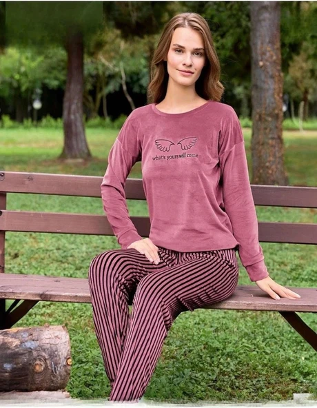 Pijamoni Kadın Kışlık Bisiklet Yaka Likralı Kadife Pijama Takımı 4210/10- 1 Adet  L Gül Kurusu ürün görseli 1