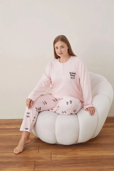 Lindros Kadın Pamuklu Düğme Yaka Raporlu İnterlok Battal Pijama Takımı 05109 - 1 Adet  Pembe 5XL ürün görseli 1