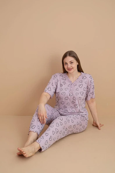 Pijamerry Kadın Büyük Beden Dantel Yaka Bambu Kısa Kol İnce Pijama Takımı 5901 - 1 Adet  5XL Lila ürün görseli 1