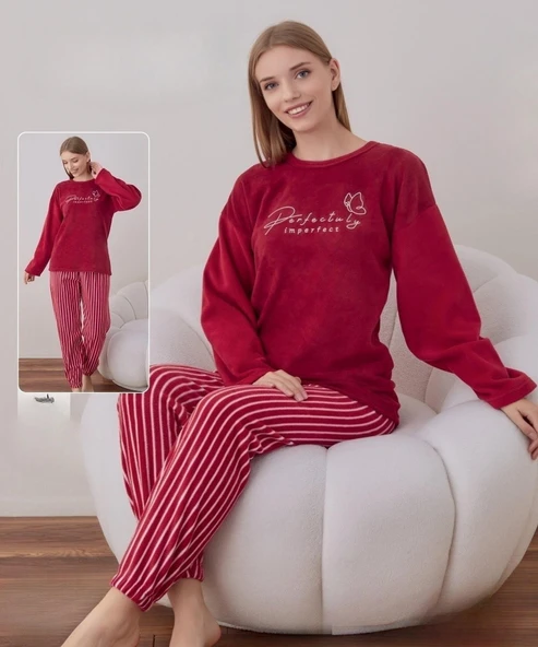 Boyraz Kadın Kışlık Bisiklet Yaka Soft Kadife Pijama Takımı 07021 - 1 Adet  S - M Kırmızı ürün görseli 1