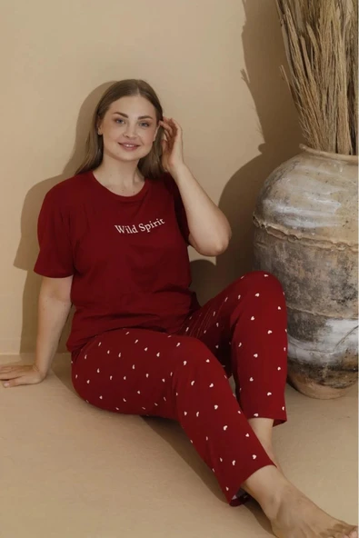 Boyraz Kadın Milan Büyük Beden Bisiklet Yaka Kısa Kol İnce Pijama Takımı 11053 - 1 Adet  XL Bordo ürün görseli 1