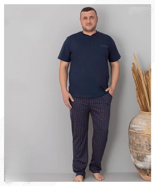 Pijamoni Erkek Battal Düğme Yaka Penye Kısa Kol  Pijama Takımı 6730/6 - 1 Adet  Lacivert 5XL ürün görseli 1