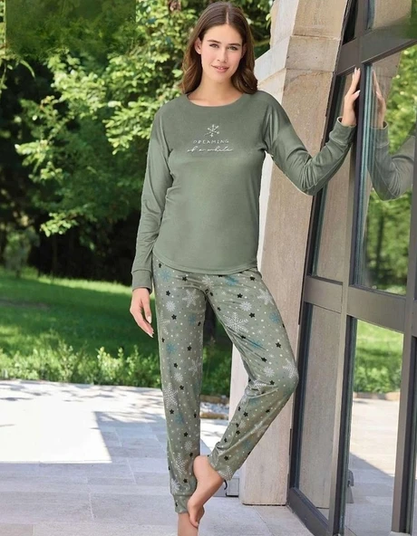 Pijamoni Kadın Kışlık Bisiklet Yaka Likralı Kadife Pijama Takımı 4210/16- 1 Adet  L Haki ürün görseli 1