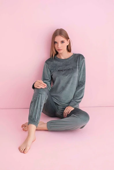 Pijamerry Kadın Kışlık Bisiklet Yaka Kadife Pijama Takımı 3036SY - 1 Adet  M Su Yeşil ürün görseli 1