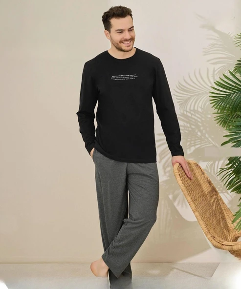 Pijamoni Erkek Pamuklu Bisiklet Yaka Uzun Kol İnce Pijama Takımı 6150/20 - 1 Adet  XL Siyah ürün görseli 1