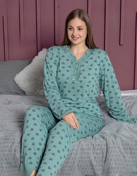 Pijamerry Kadın Büyük Beden Dantel Yaka Bambu Uzun Kol Pijama Takımı 5161 - 1 Adet  Yeşil 2XL ürün görseli 1