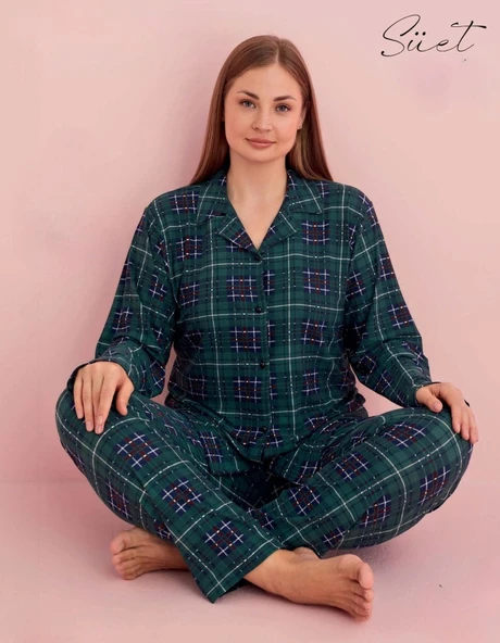 Pijamerry Kadın Büyük Beden Gömlek Yaka Süet Uzun Kol Pijama Takımı 5259- 1 Adet  Yeşil 2XL ürün görseli 1