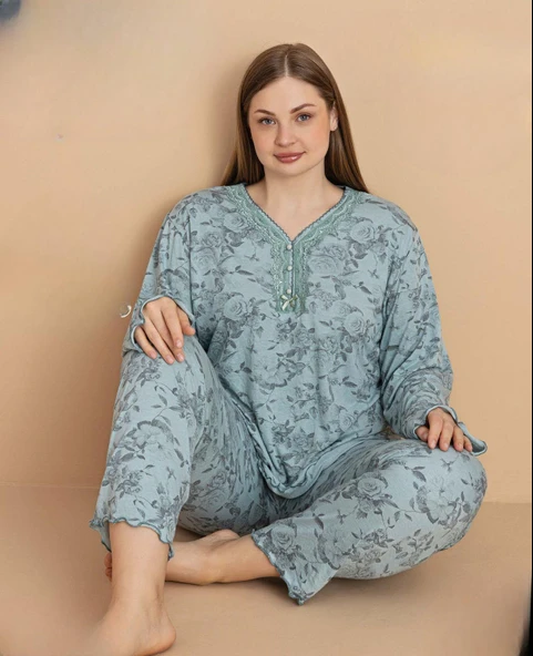 Pijamerry Kadın Büyük Beden Dantel Yaka Bambu Uzun Kol İnce Pijama Takımı 5672 - 1 Adet  4XL Yeşil ürün görseli 1
