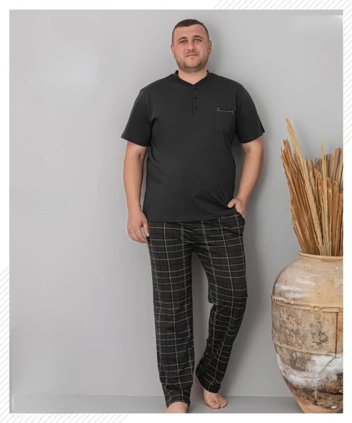 Pijamoni Erkek Battal Düğme Yaka Penye Kısa Kol  Pijama Takımı 6730/4 - 1 Adet  4XL Siyah ürün görseli 1