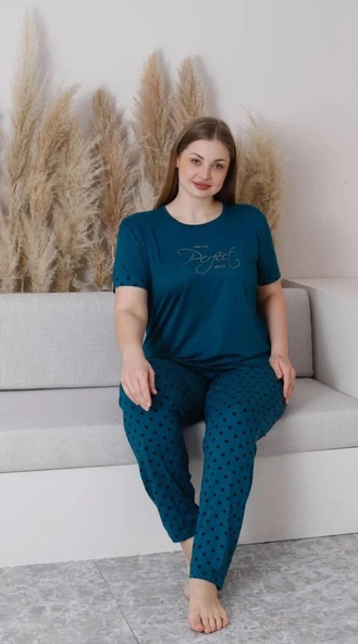 Pijamoni Kadın Milan Büyük Beden Bisiklet Yaka Kısa Kol İnce Pijama Takımı 7665/5- 1 Adet  4XL Petrol ürün görseli 1