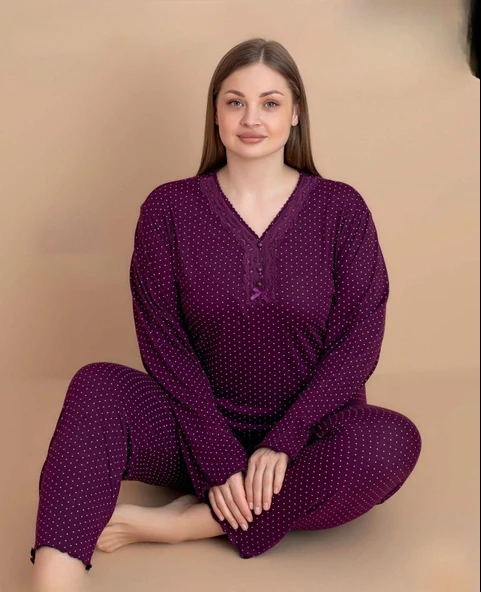 Pijamerry Kadın Büyük Beden Dantel Yaka Bambu Uzun Kol İnce Pijama Takımı 5541 - 1 Adet  4XL Mürdüm ürün görseli 1