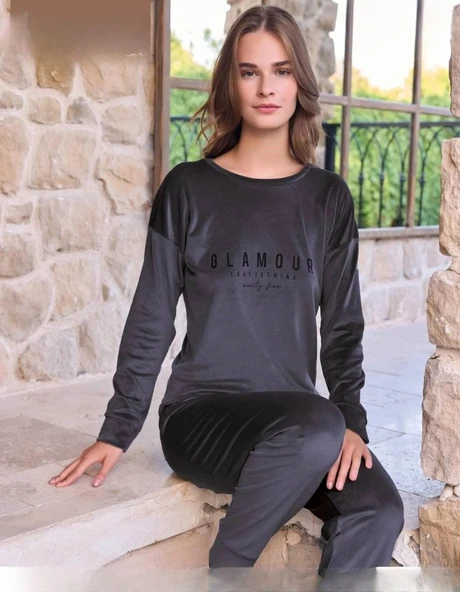 Pijamoni Kadın Kışlık Bisiklet Yaka Likralı Soft Kadife Pijama Takımı 4200/12 - 1 Adet  XL Antrasit ürün görseli 1