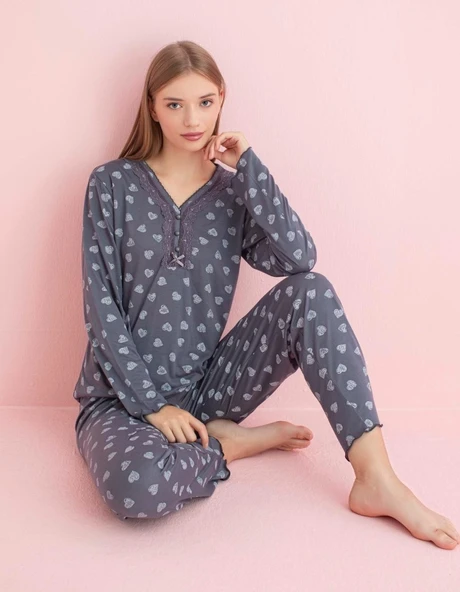 Pijamerry Kadın Dantel Yaka Bambu Uzun Kol Pijama Takımı 5204 - 1 Adet  2XL Füme ürün görseli 1