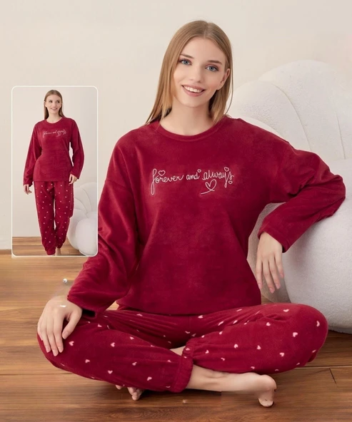 Boyraz Kadın Kışlık Bisiklet Yaka Soft Kadife Pijama Takımı 07012 - 1 Adet  XL Kırmızı ürün görseli 1