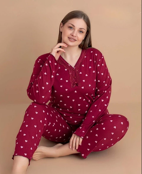 Pijamerry Kadın Büyük Beden Dantel Yaka Bambu Uzun Kol İnce Pijama Takımı 5547 - 1 Adet  Kırmızı 3XL ürün görseli 1
