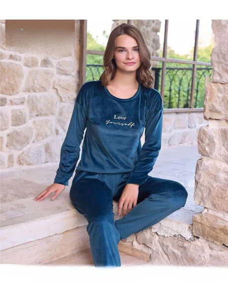 Pijamoni Kadın Kışlık Bisiklet Yaka Likralı Soft Kadife Pijama Takımı 4200/14 - 1 Adet  S - M Petrol ürün görseli 1