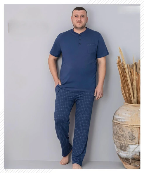 Pijamoni Erkek Battal Düğme Yaka Penye Kısa Kol  Pijama Takımı 6730/1 - 1 Adet  Mavi 3XL ürün görseli 1