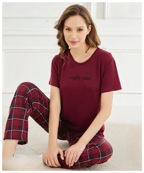 Mihra Kadın Bisiklet Yaka MİLAN Likralı Kısa Kol Pijama Takımı 50107BB - 1 Adet  XL Bordo ürün görseli 1