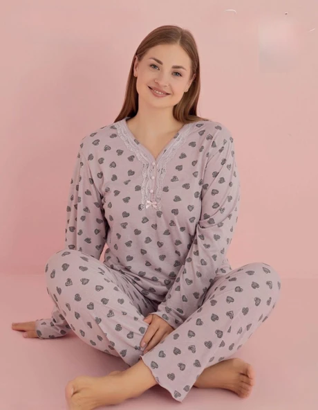 Pijamerry Kadın Büyük Beden Dantel Yaka Bambu Uzun Kol Pijama Takımı 5068 - 1 Adet  Pembe 3XL ürün görseli 1