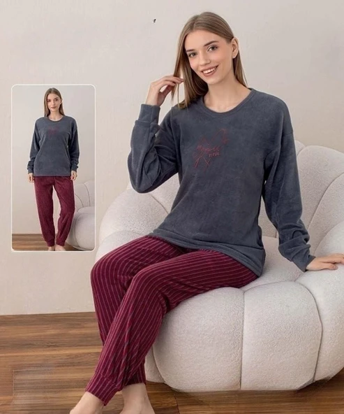 Boyraz Kadın Kışlık Bisiklet Yaka Soft Kadife Pijama Takımı 07037 - 1 Adet  S - M Füme ürün görseli 1
