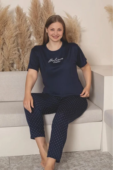 Charme Kadın Büyük Beden Bisiklet Yaka MİLAN Likralı Kısa Kol Pijama Takımı K601/254 - 1 Adet  4XL Lacivert ürün görseli 1