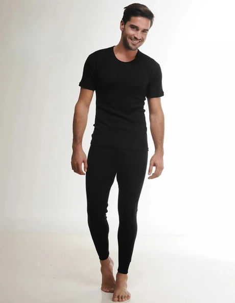 Hasyün Erkek %61 Siyah Yün Kısa Kollu Fanila Atlet Ve Uzun Don İçlik Takım 4000/4001- 1 Set  Siyah L ürün görseli 1