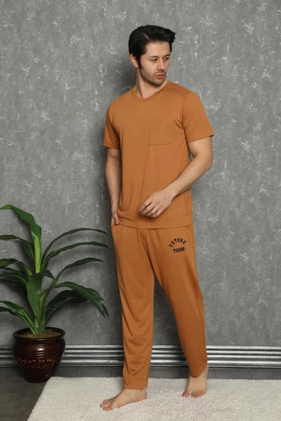 İbiza Senfoni Erkek Bisiklet Yaka Kısa Kol Kahverengi Pijama Takımı 5849 -  1 Adet  S - M Kahverengi ürün görseli 1