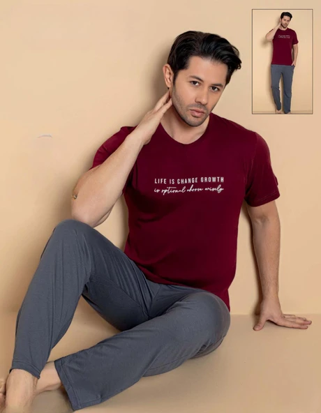Pijamerry Erkek Bisiklet Yaka Kısa Kol Penye Pijama Takımı 6132 - 1 Adet  Bordo S - M ürün görseli 1