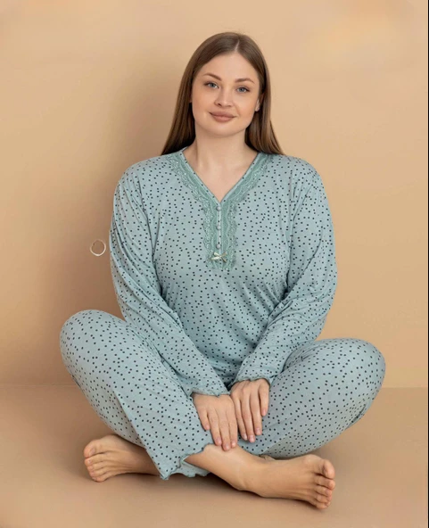 Pijamerry Kadın Büyük Beden Dantel Yaka Bambu Uzun Kol İnce Pijama Takımı 5671 - 1 Adet  Yeşil 5XL ürün görseli 1