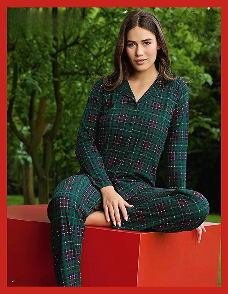 Pijamoni Kadın Süet Önden Düğmeli Likralı Pijama Takımı 4 - 1 Adet  Yeşil S - M ürün görseli 1